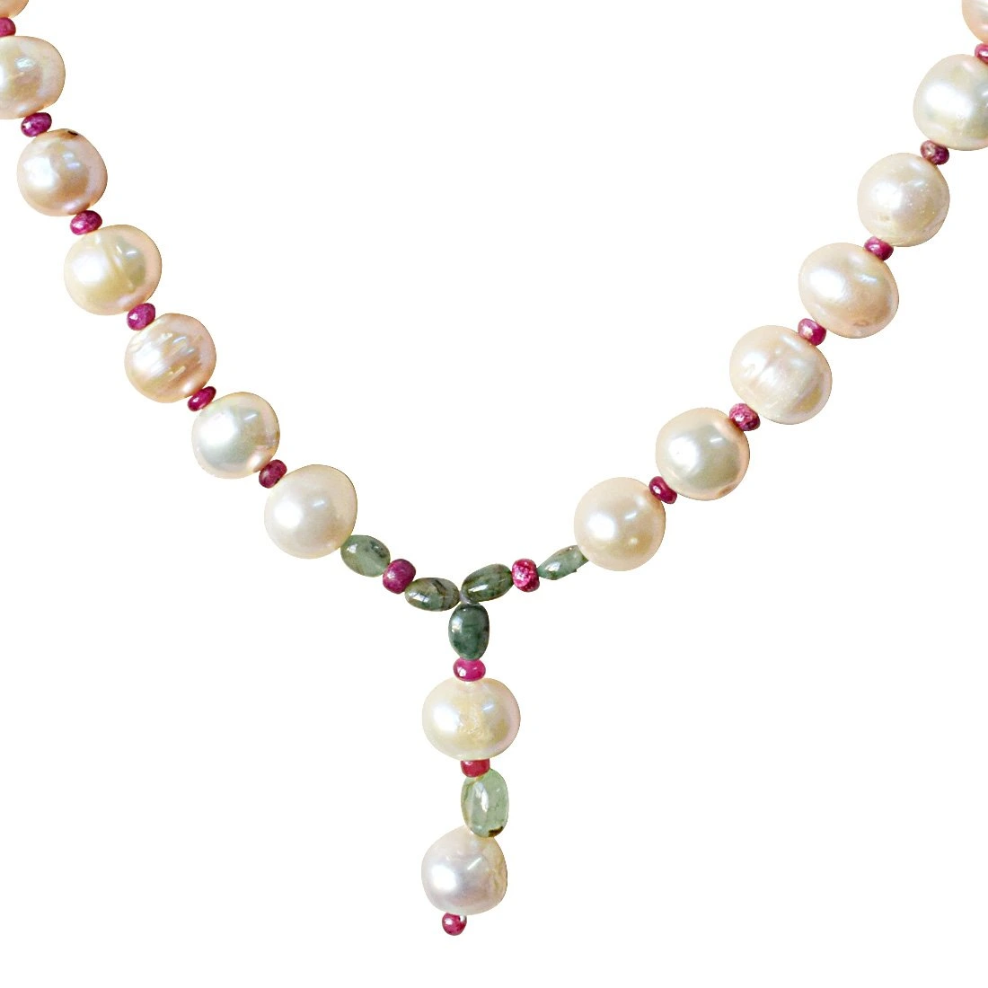 Real Natural Oval Green Emerald, Ruby Beads and Peach Pearl Necklace for Women (SN886)