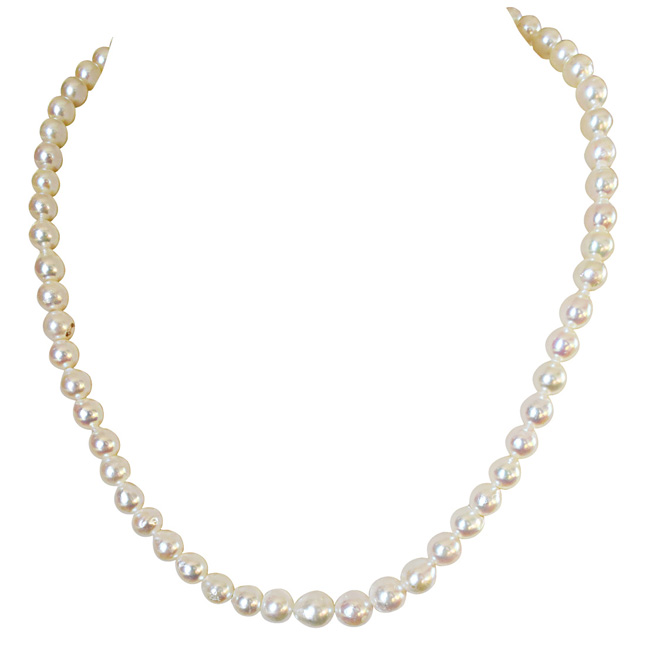 Fine 18 inches Single Line Real Japanese Cultured Pearl Necklace for Women, White Silky Smooth Pearls (SN887)