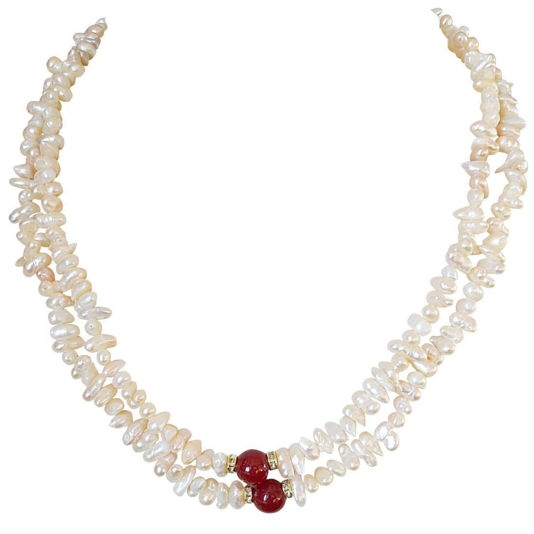 2 Line Real Freshwater Pearl and Red Stone Necklace for Women (SN888)