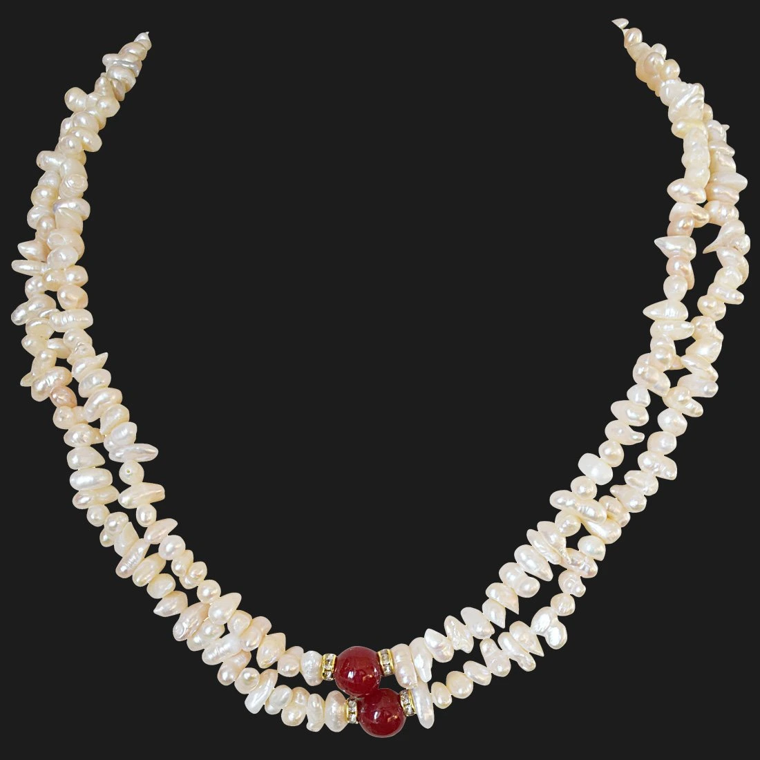 2 Line Real Freshwater Pearl and Red Stone Necklace for Women (SN888)