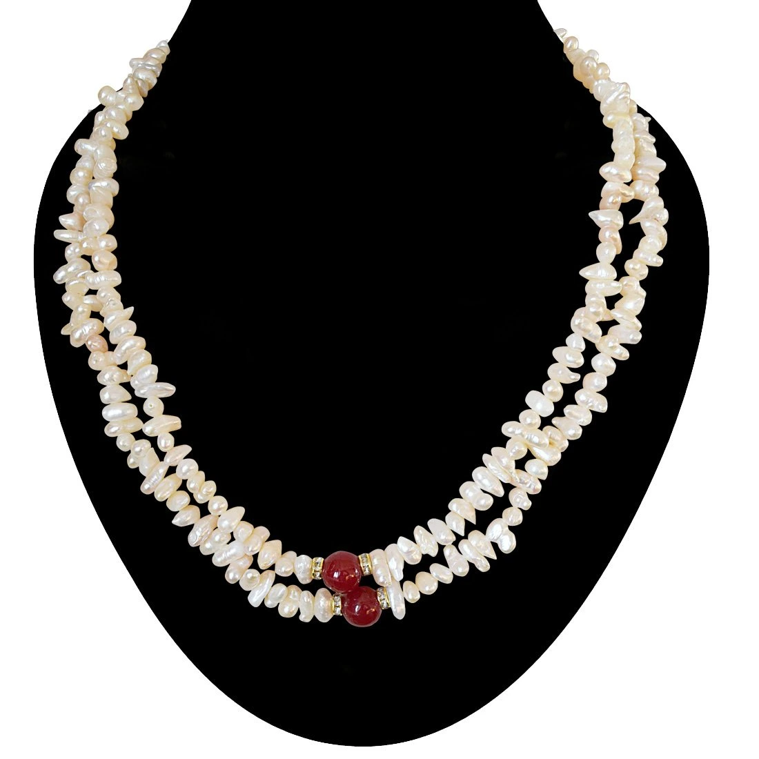 2 Line Real Freshwater Pearl and Red Stone Necklace for Women (SN888)