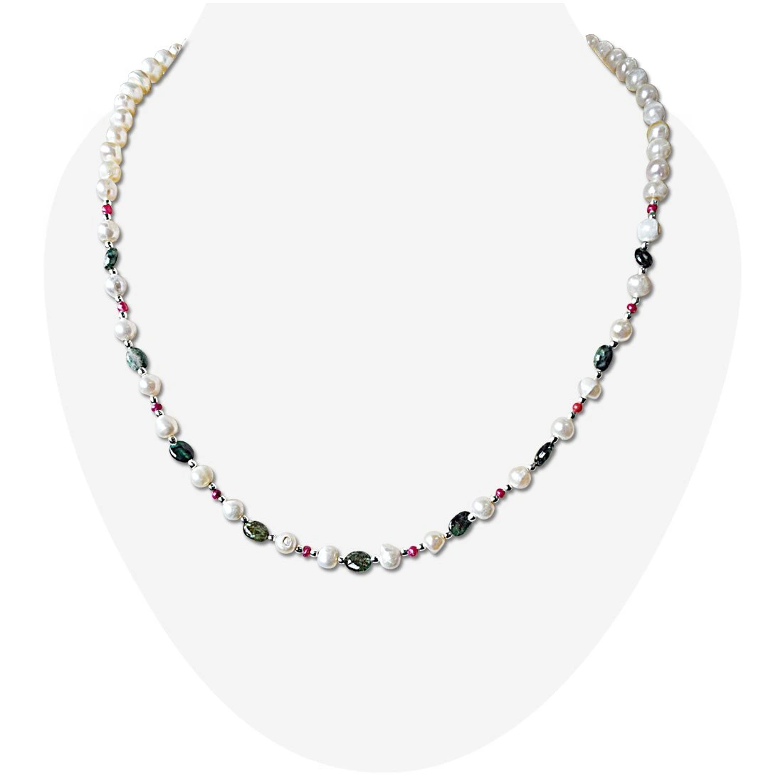 A Timeless Symbol of Love - Single Line Freshwater Pearl, Oval Emerald, Ruby Beads & Silver Plated Beads Necklace (SN889)