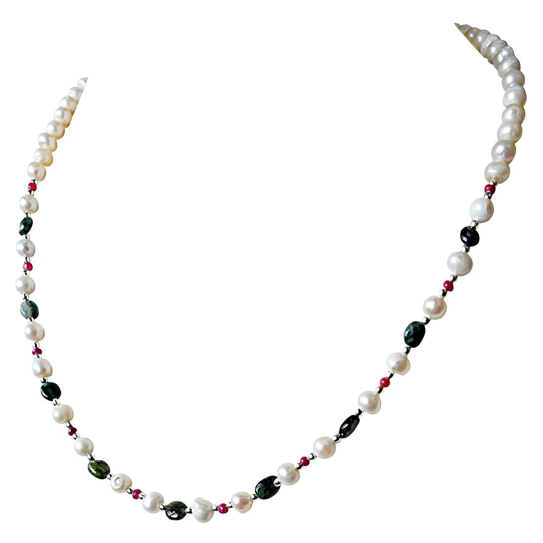 A Timeless Symbol of Love - Single Line Freshwater Pearl, Oval Emerald, Ruby Beads & Silver Plated Beads Necklace (SN889)