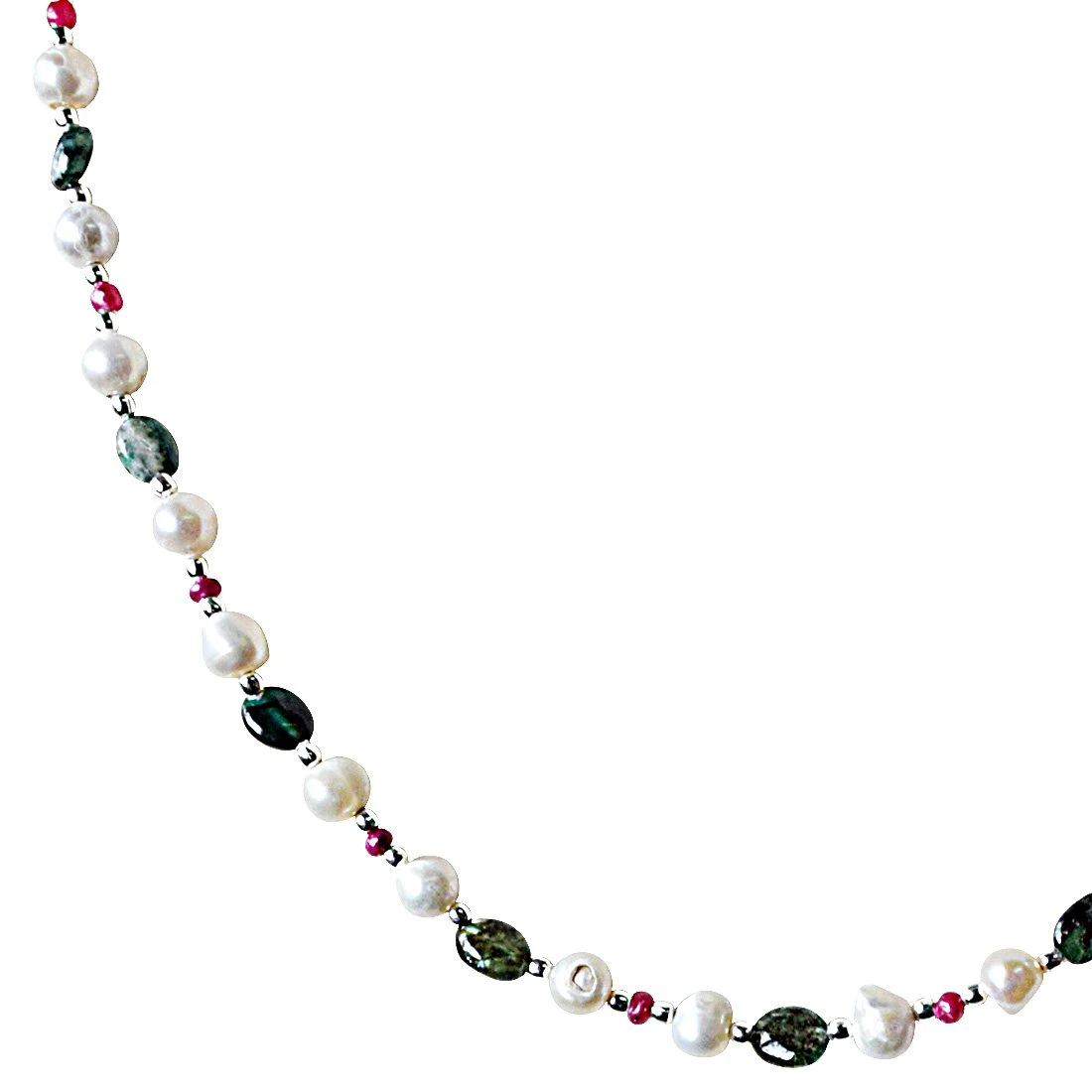 A Timeless Symbol of Love - Single Line Freshwater Pearl, Oval Emerald, Ruby Beads & Silver Plated Beads Necklace (SN889)
