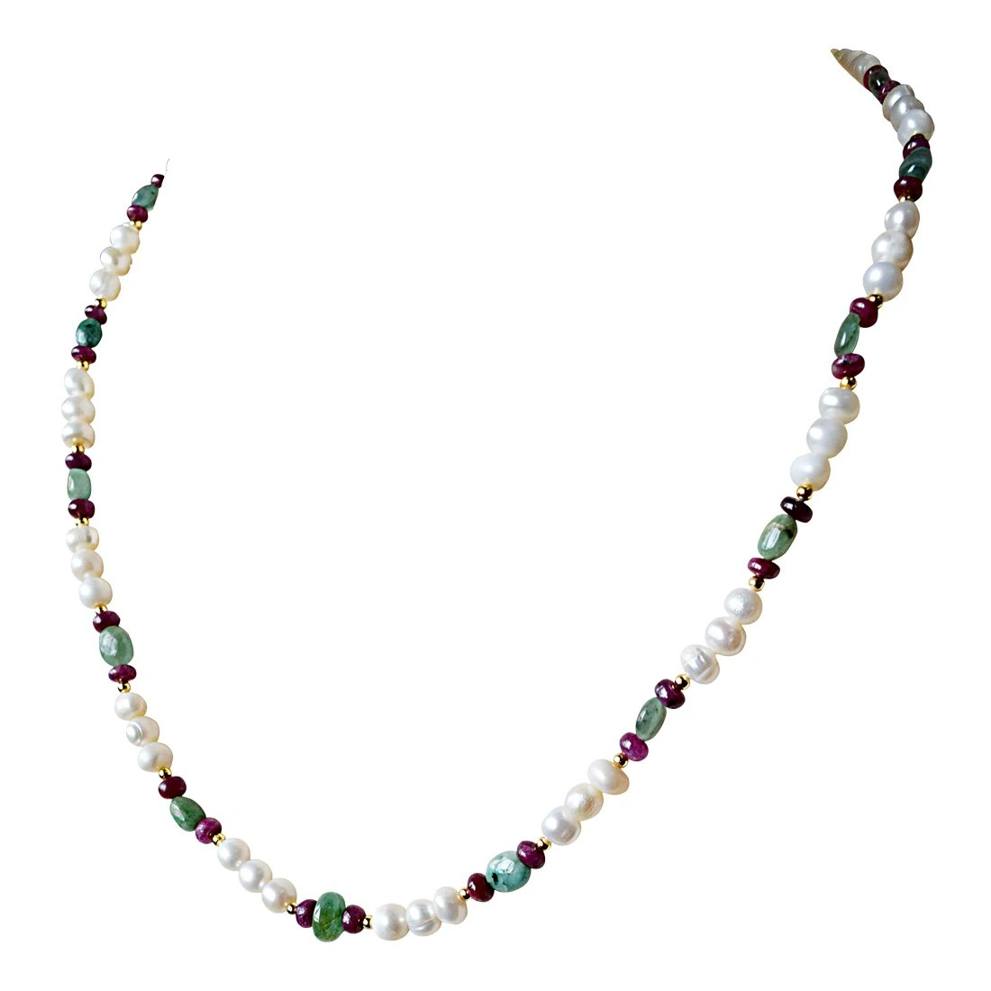 The Quintessence of Love & Elegance - Single Line Freshwater Pearl, Oval Emerald, Ruby Beads & Silver Plated Beads Necklace (SN890)