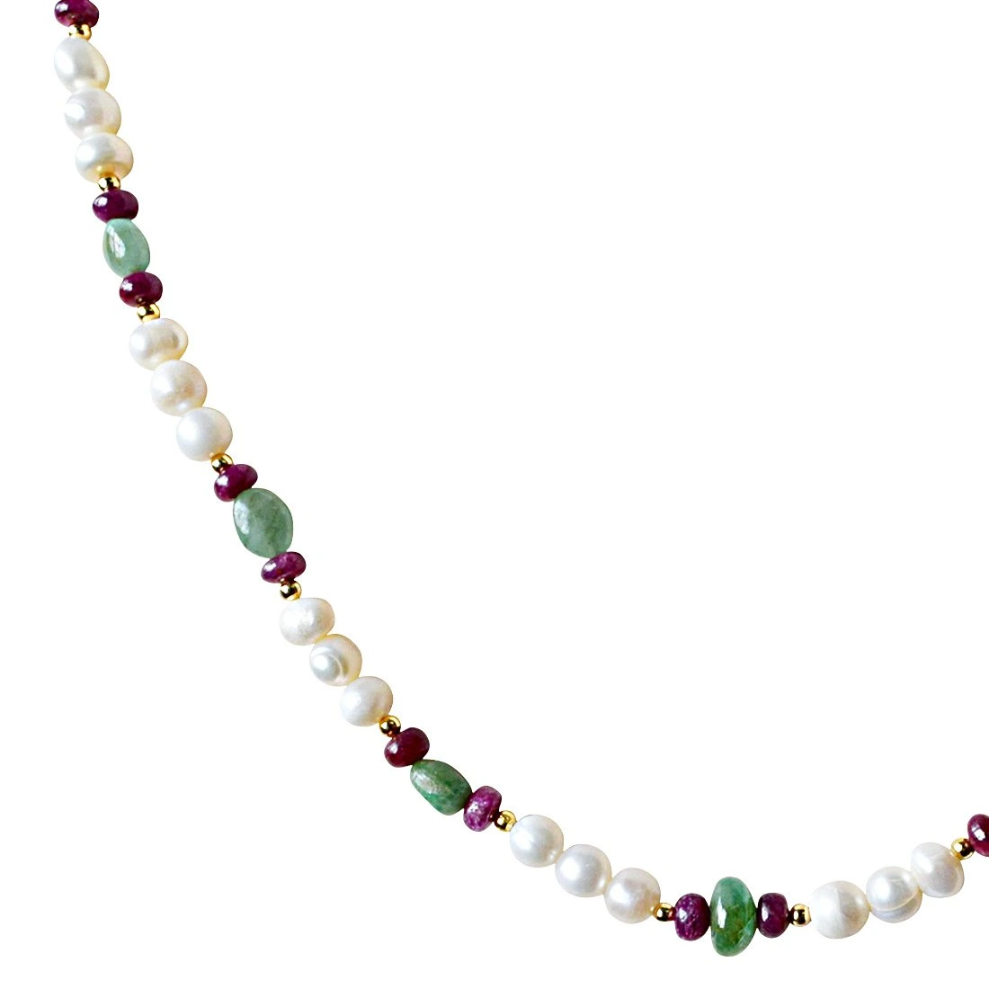 The Quintessence of Love & Elegance - Single Line Freshwater Pearl, Oval Emerald, Ruby Beads & Silver Plated Beads Necklace (SN890)