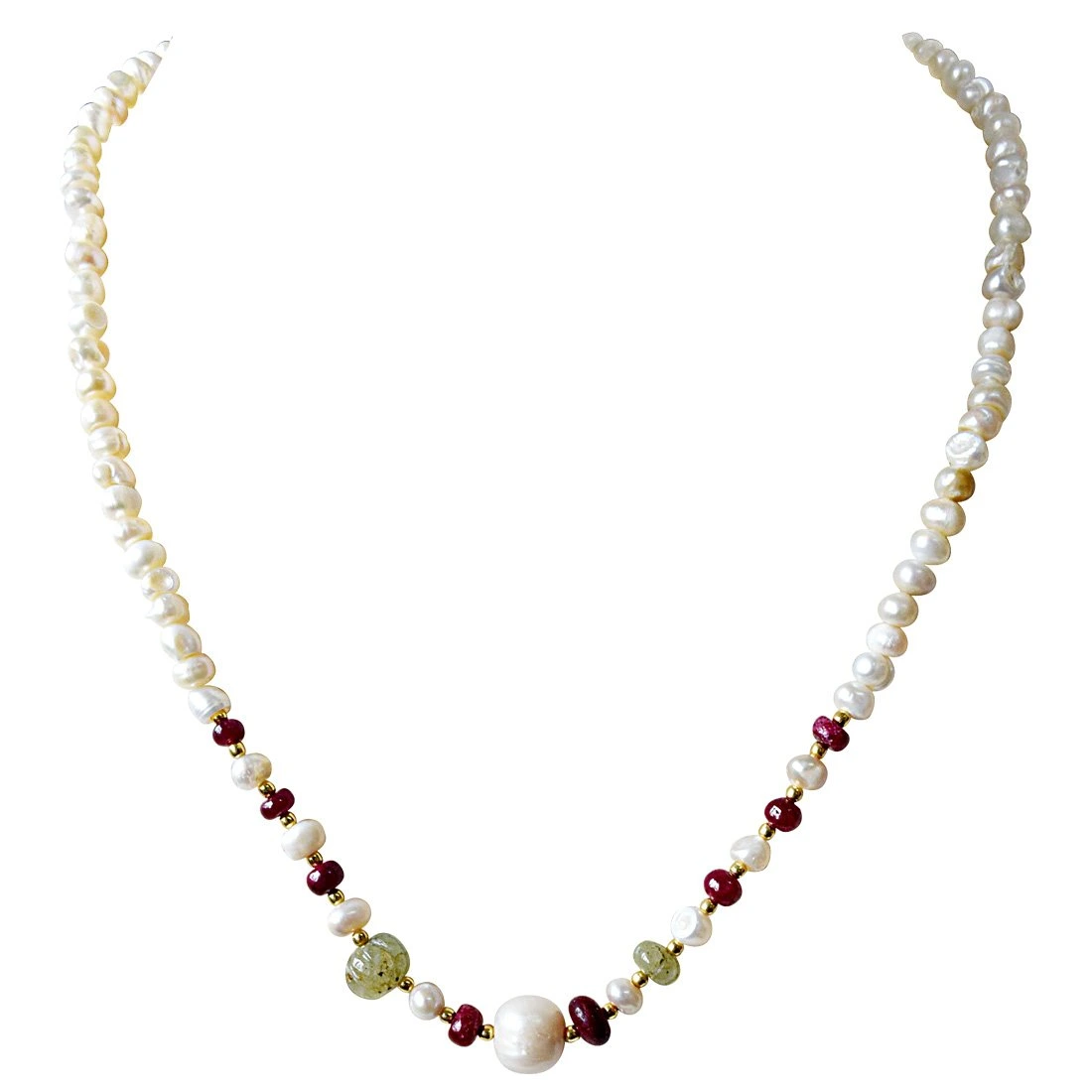 Single Line Freshwater Pearl, Engraved Round Emerald, Ruby Beads & Silver Plated Beads Necklace (SN896)