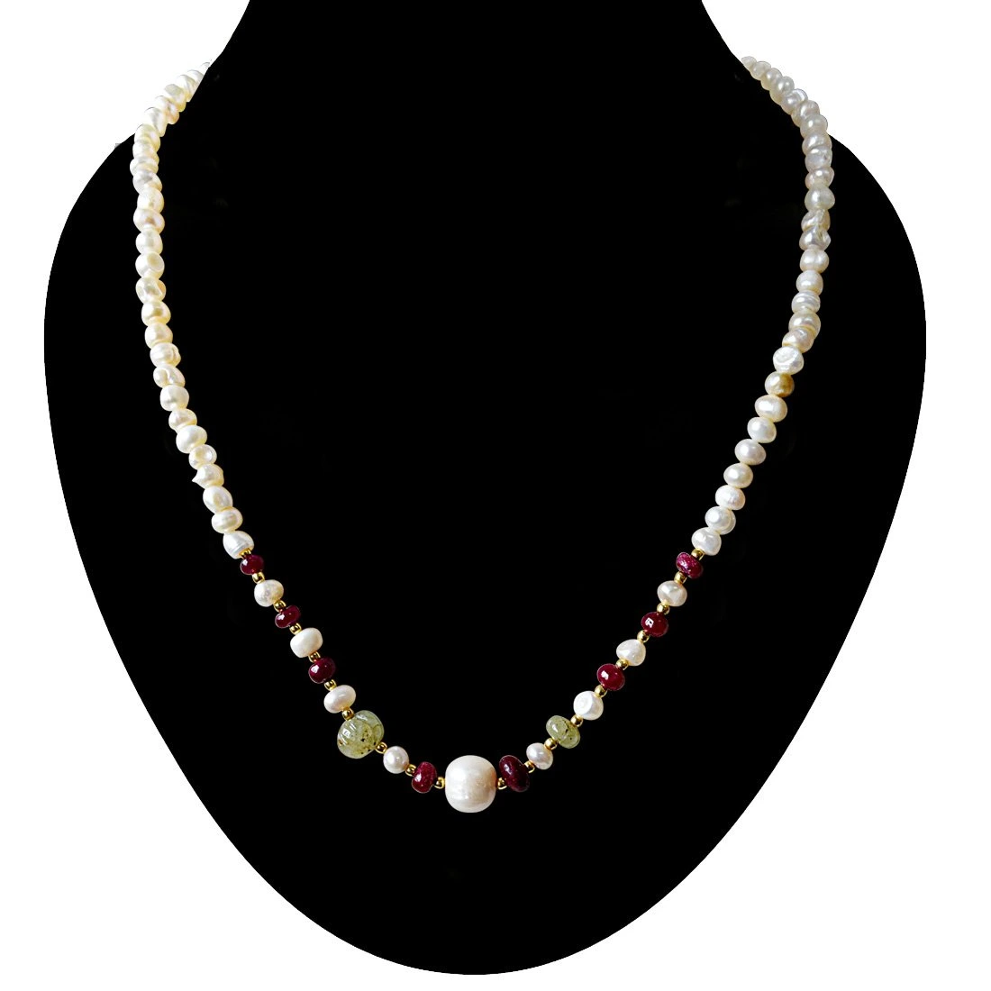 Single Line Freshwater Pearl, Engraved Round Emerald, Ruby Beads & Silver Plated Beads Necklace (SN896)