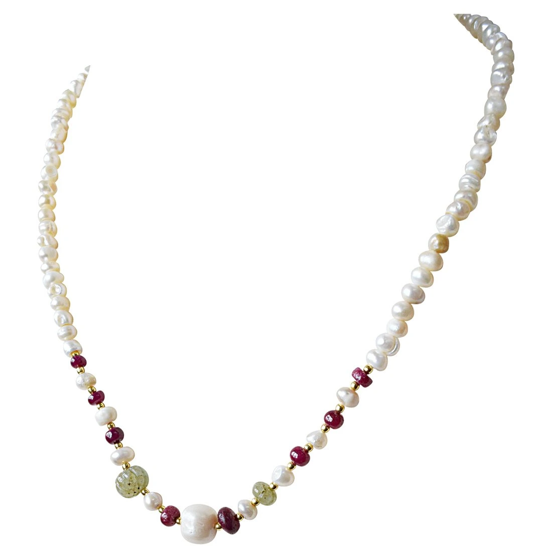 Single Line Freshwater Pearl, Engraved Round Emerald, Ruby Beads & Silver Plated Beads Necklace (SN896)