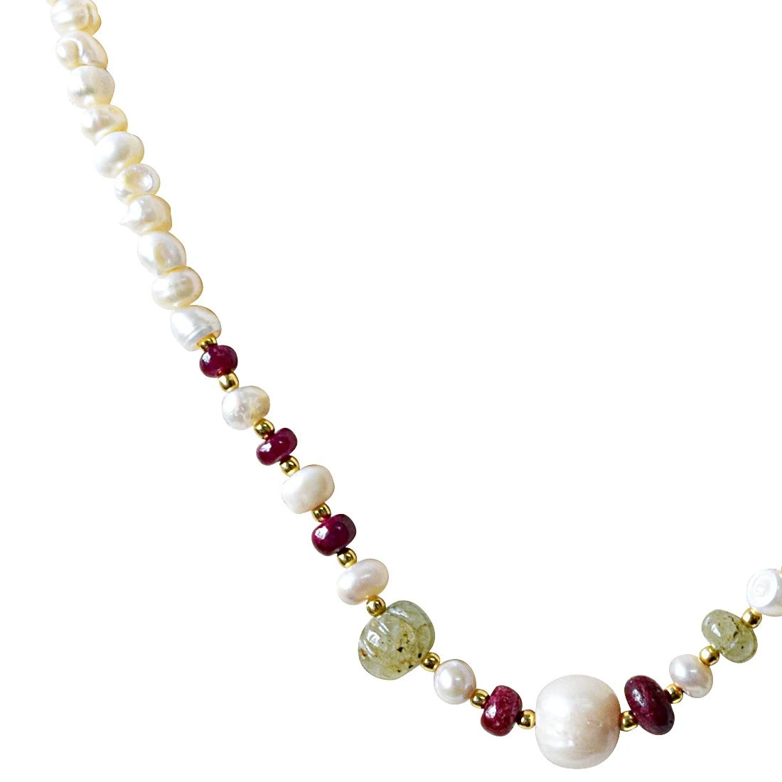 Single Line Freshwater Pearl, Engraved Round Emerald, Ruby Beads & Silver Plated Beads Necklace (SN896)