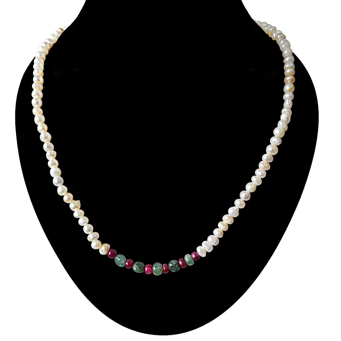 Single Line Real Emerald, Ruby Beads and Freshwater Pearl Necklace for Women (SN897)