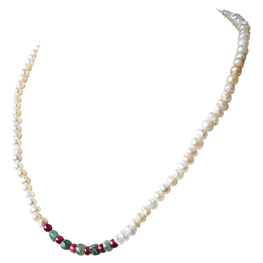 Single Line Real Emerald, Ruby Beads and Freshwater Pearl Necklace for Women (SN897)