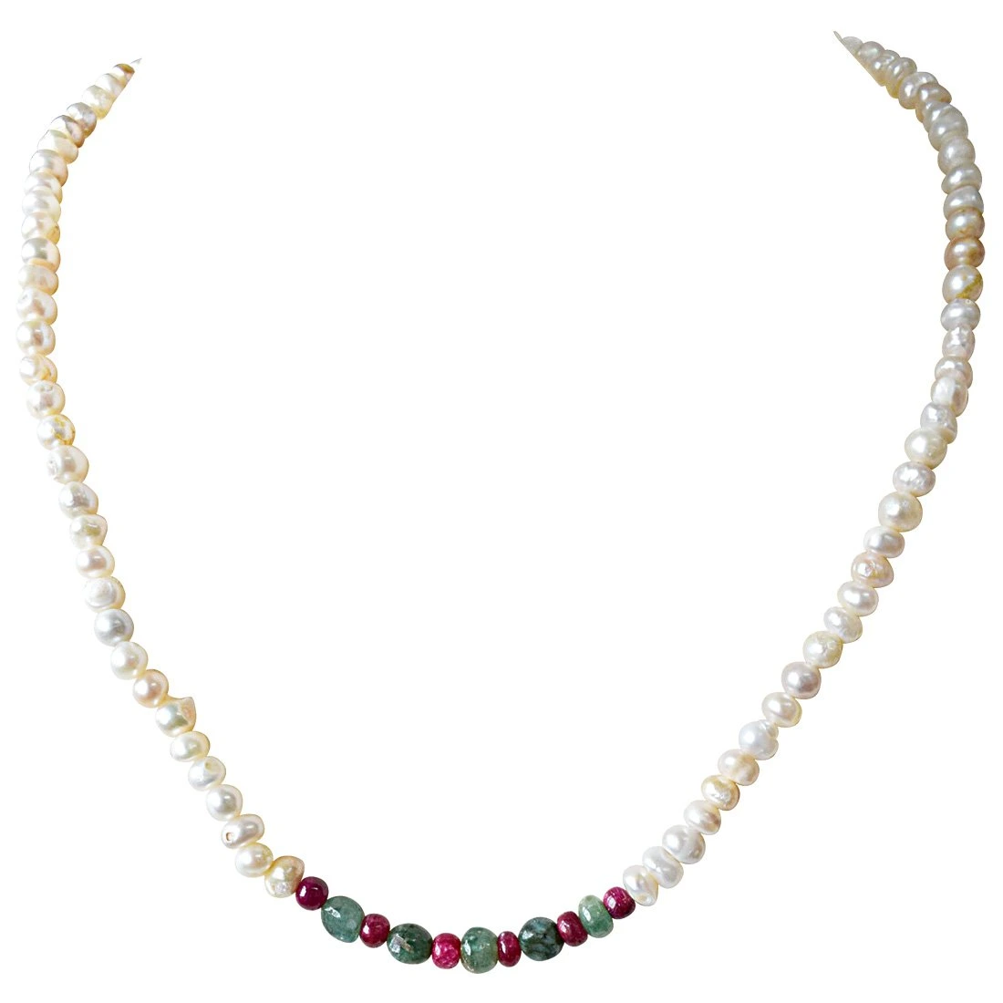 Single Line Real Emerald, Ruby Beads and Freshwater Pearl Necklace for Women (SN897)