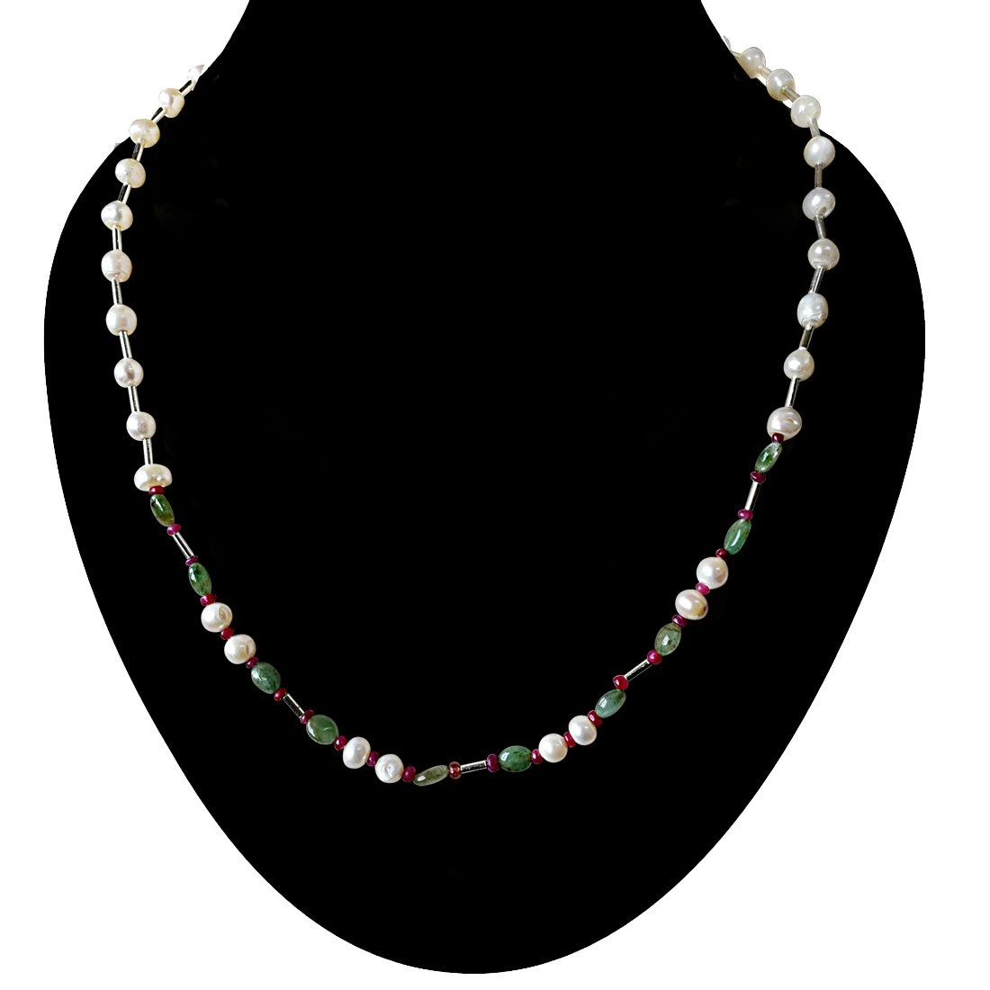 Single Line Freshwater Pearl, Oval Emerald, Ruby Beads & Silver Plated Pipes Necklace (SN898)