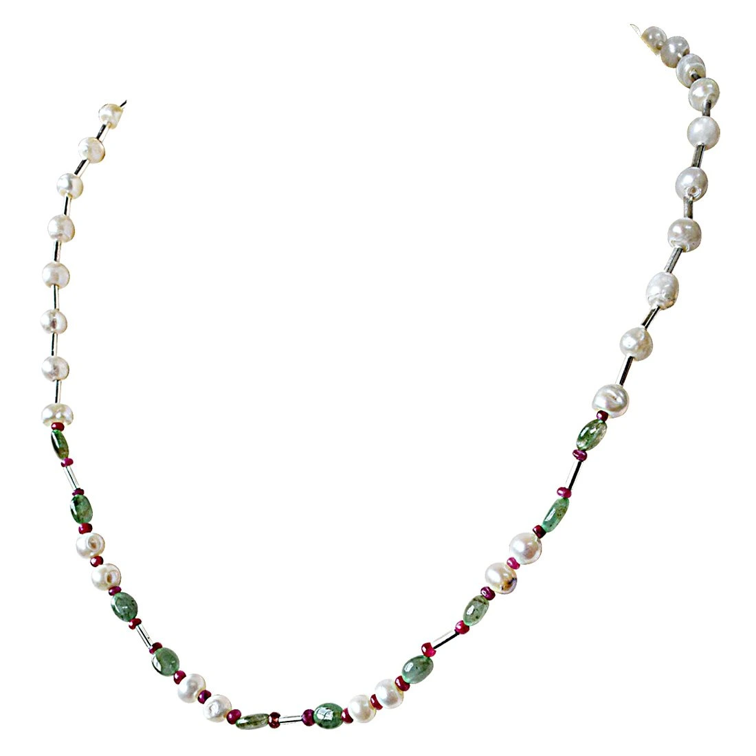 Single Line Freshwater Pearl, Oval Emerald, Ruby Beads & Silver Plated Pipes Necklace (SN898)