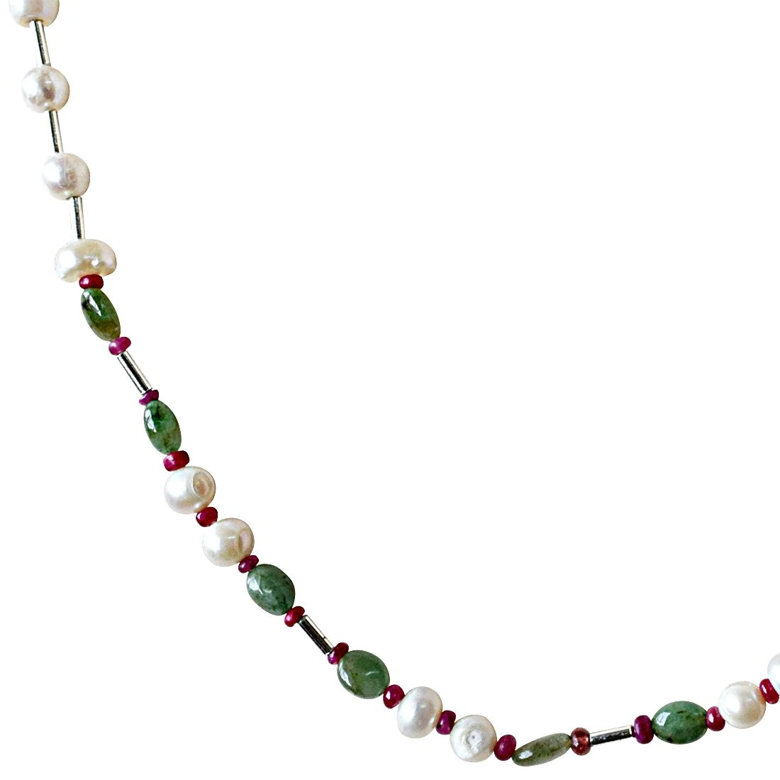 Single Line Freshwater Pearl, Oval Emerald, Ruby Beads & Silver Plated Pipes Necklace (SN898)