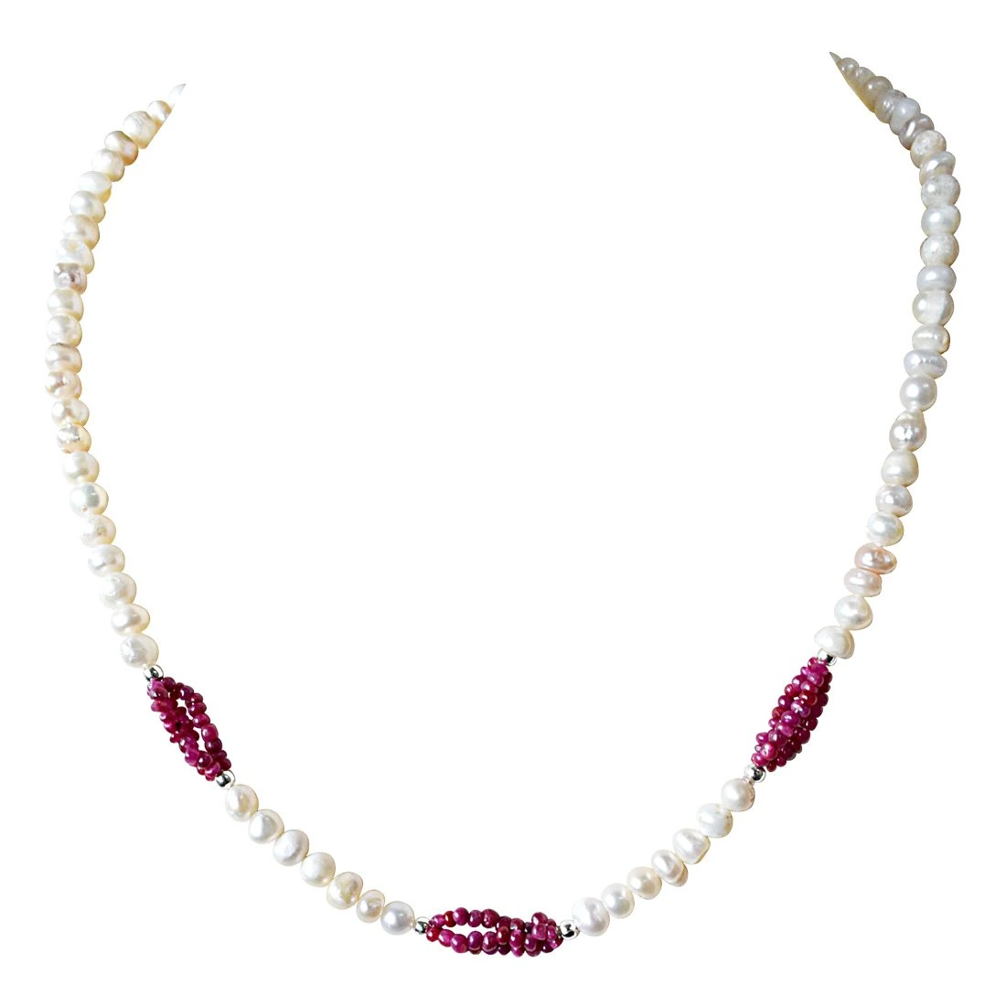 Dazzle in Red - Real Freshwater Pearl & Red Ruby Beads Necklace for Women (SN899)