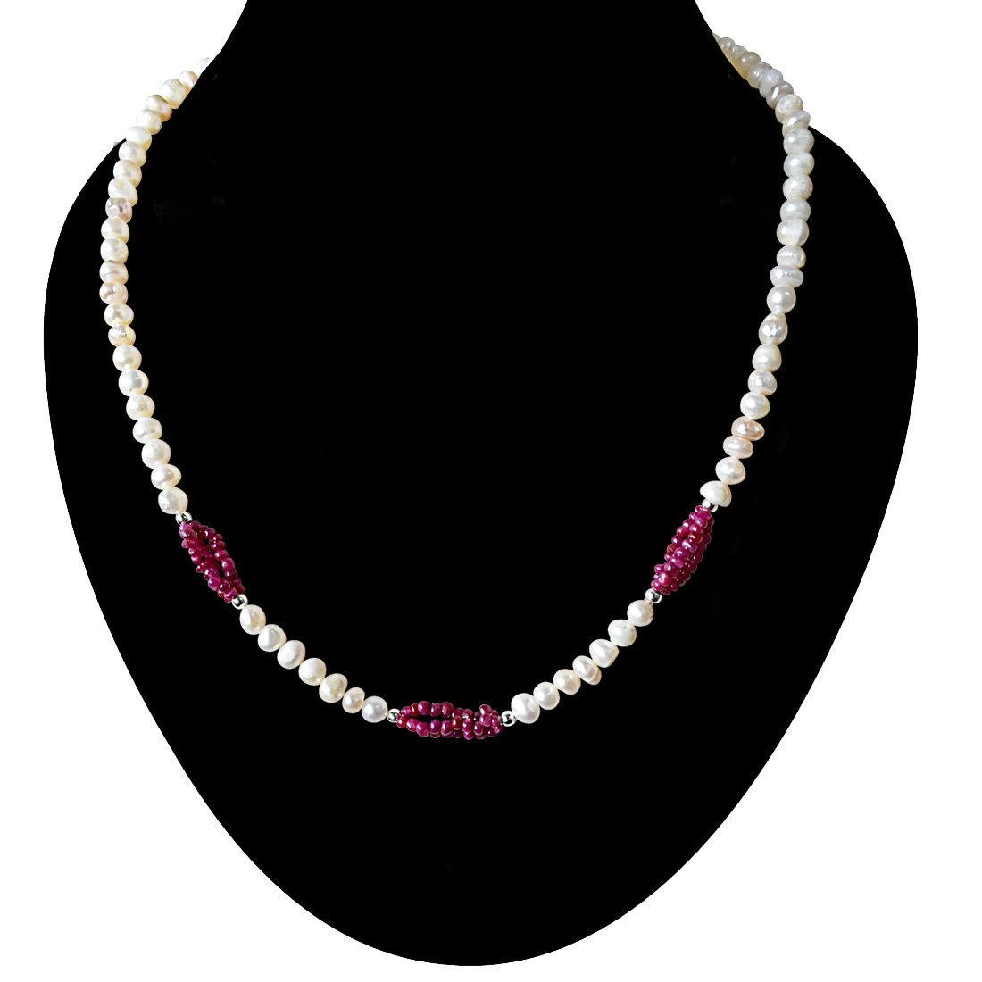 Dazzle in Red - Real Freshwater Pearl & Red Ruby Beads Necklace for Women (SN899)