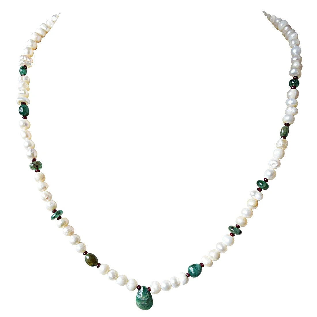 Single Line Real Emerald, Ruby Beads and Freshwater Pearl Necklace for Women (SN902)