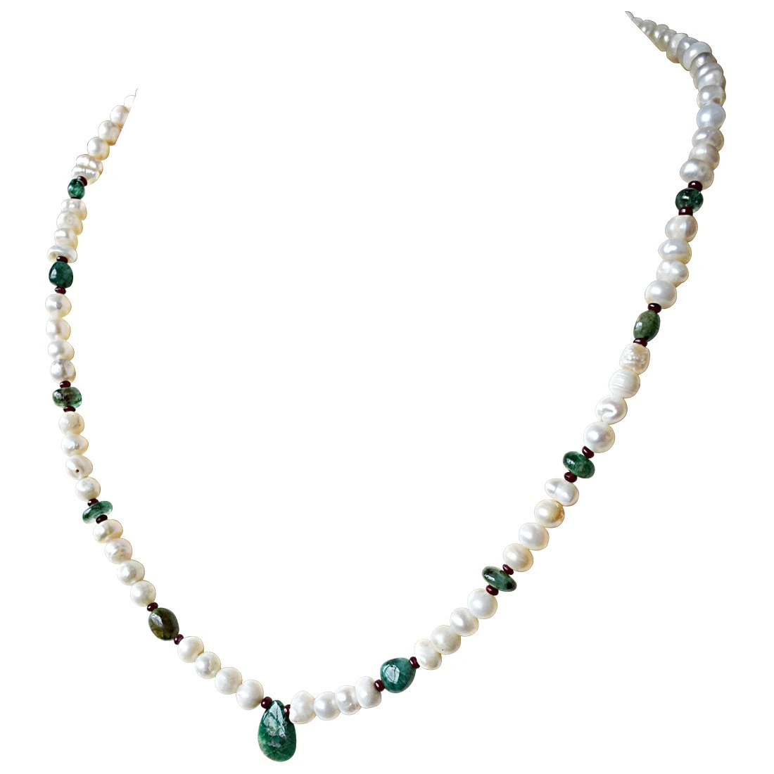 Single Line Real Emerald, Ruby Beads and Freshwater Pearl Necklace for Women (SN902)