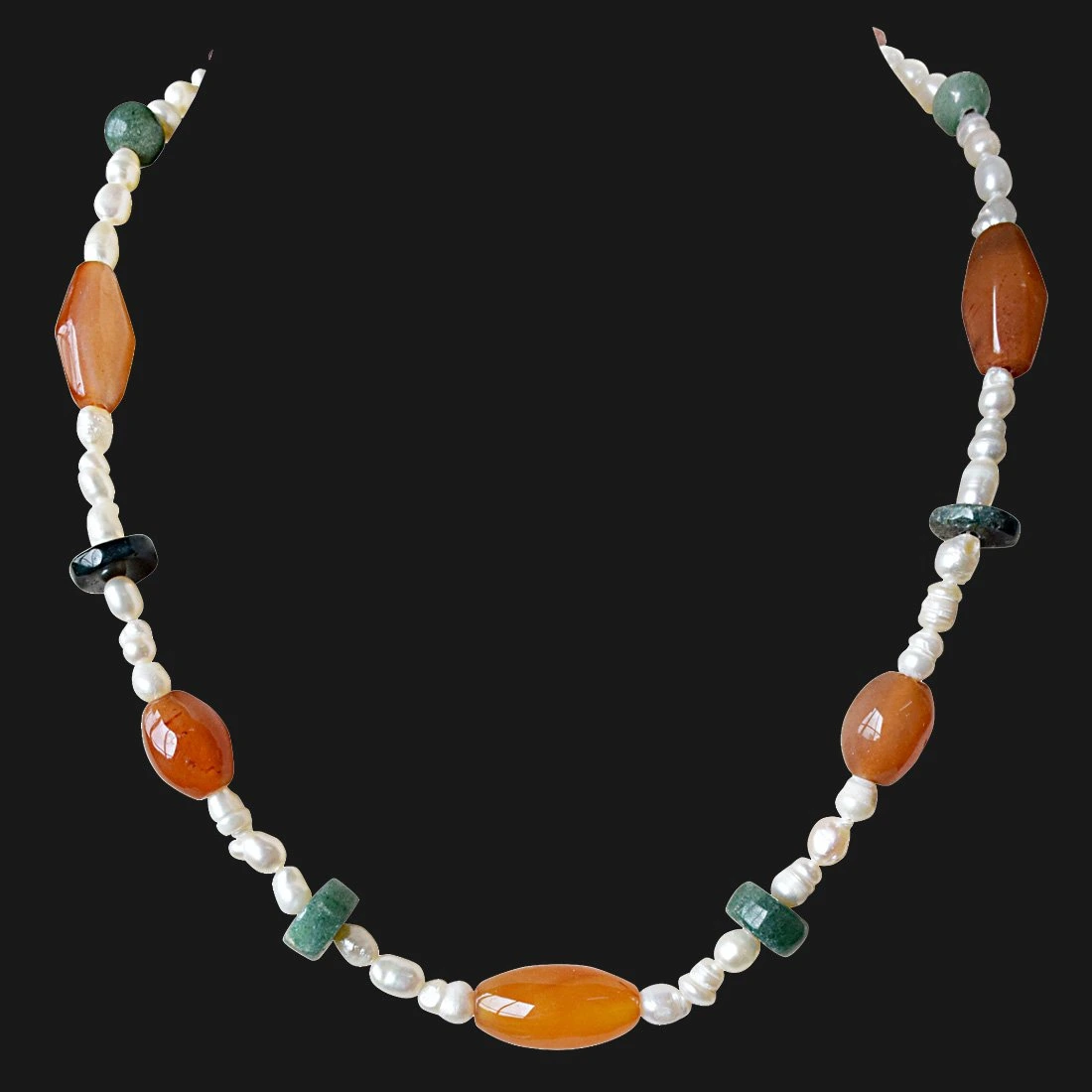 Single Line Orange & Green Agate and Rice Pearl Necklace for Women (SN904)