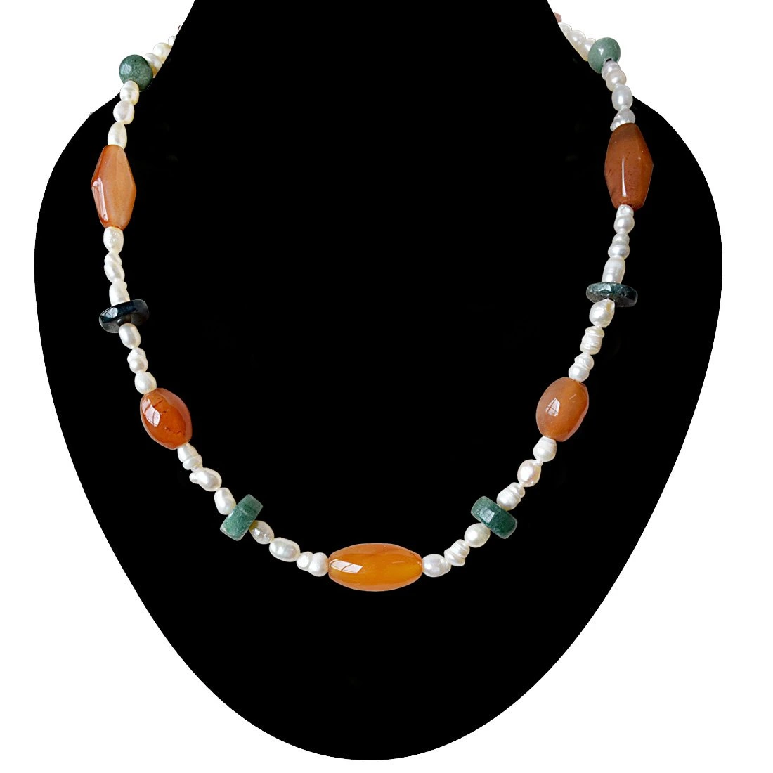 Single Line Orange & Green Agate and Rice Pearl Necklace for Women (SN904)