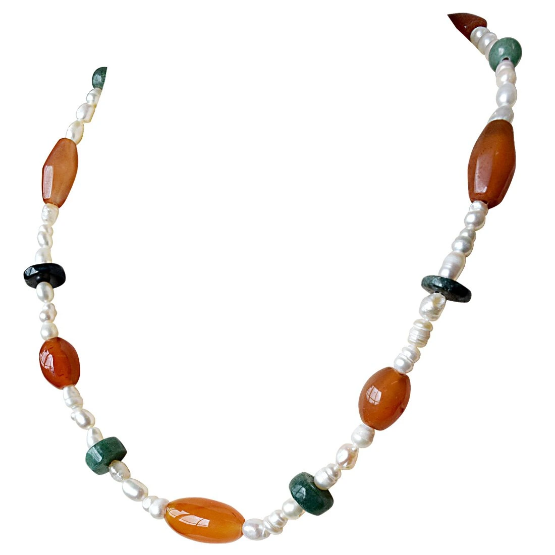 Single Line Orange & Green Agate and Rice Pearl Necklace for Women (SN904)