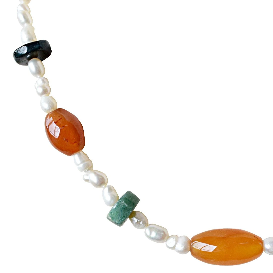 Single Line Orange & Green Agate and Rice Pearl Necklace for Women (SN904)