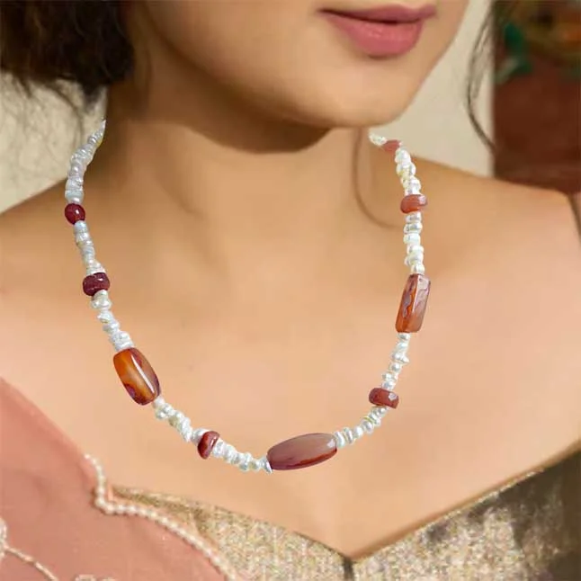 Single Line Orange Agate and Freshwater Pearl Necklace for Women (SN906)