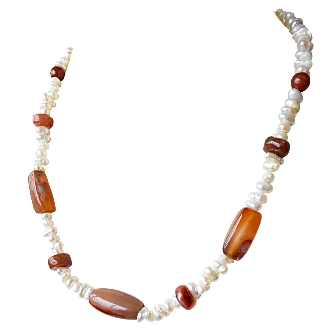 Single Line Orange Agate and Freshwater Pearl Necklace for Women (SN906)