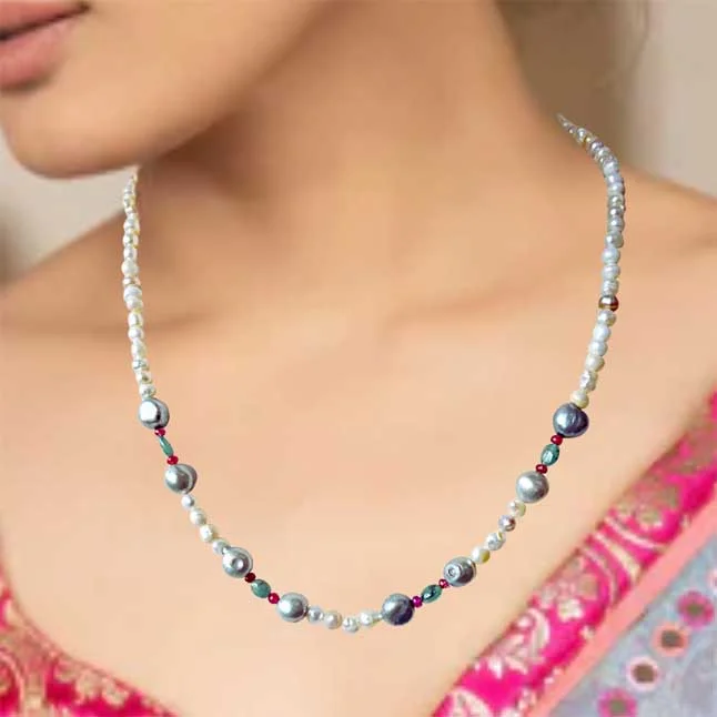 Single Line Real Emerald, Ruby Beads and White & Grey Pearl Necklace for Women (SN908)