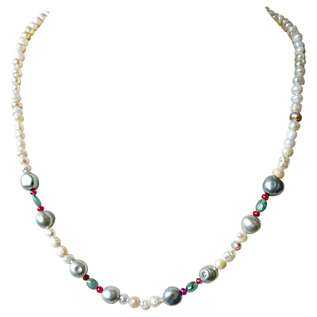 Single Line Real Emerald, Ruby Beads and White & Grey Pearl Necklace for Women (SN908)