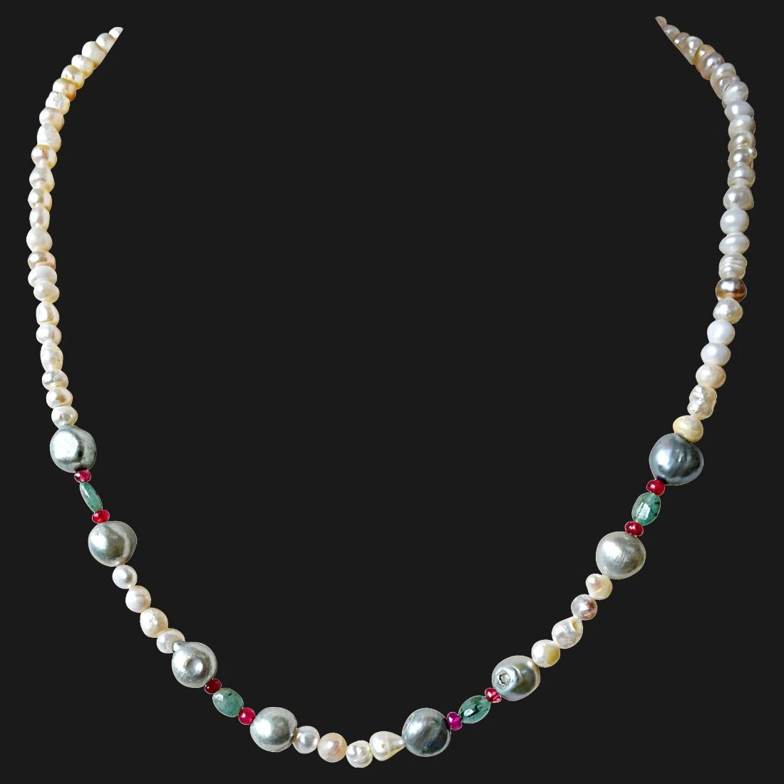 Single Line Real Emerald, Ruby Beads and White & Grey Pearl Necklace for Women (SN908)