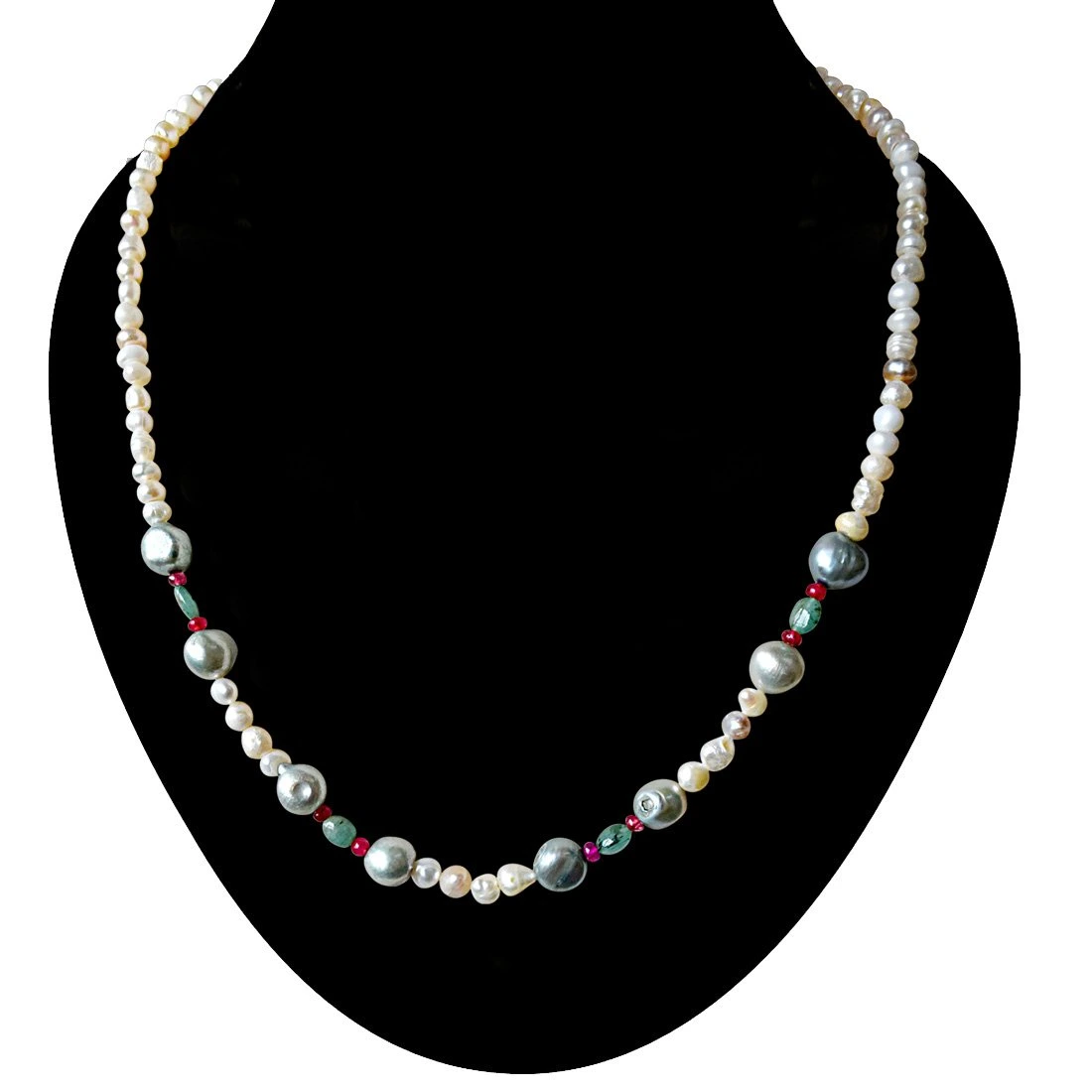 Single Line Real Emerald, Ruby Beads and White & Grey Pearl Necklace for Women (SN908)