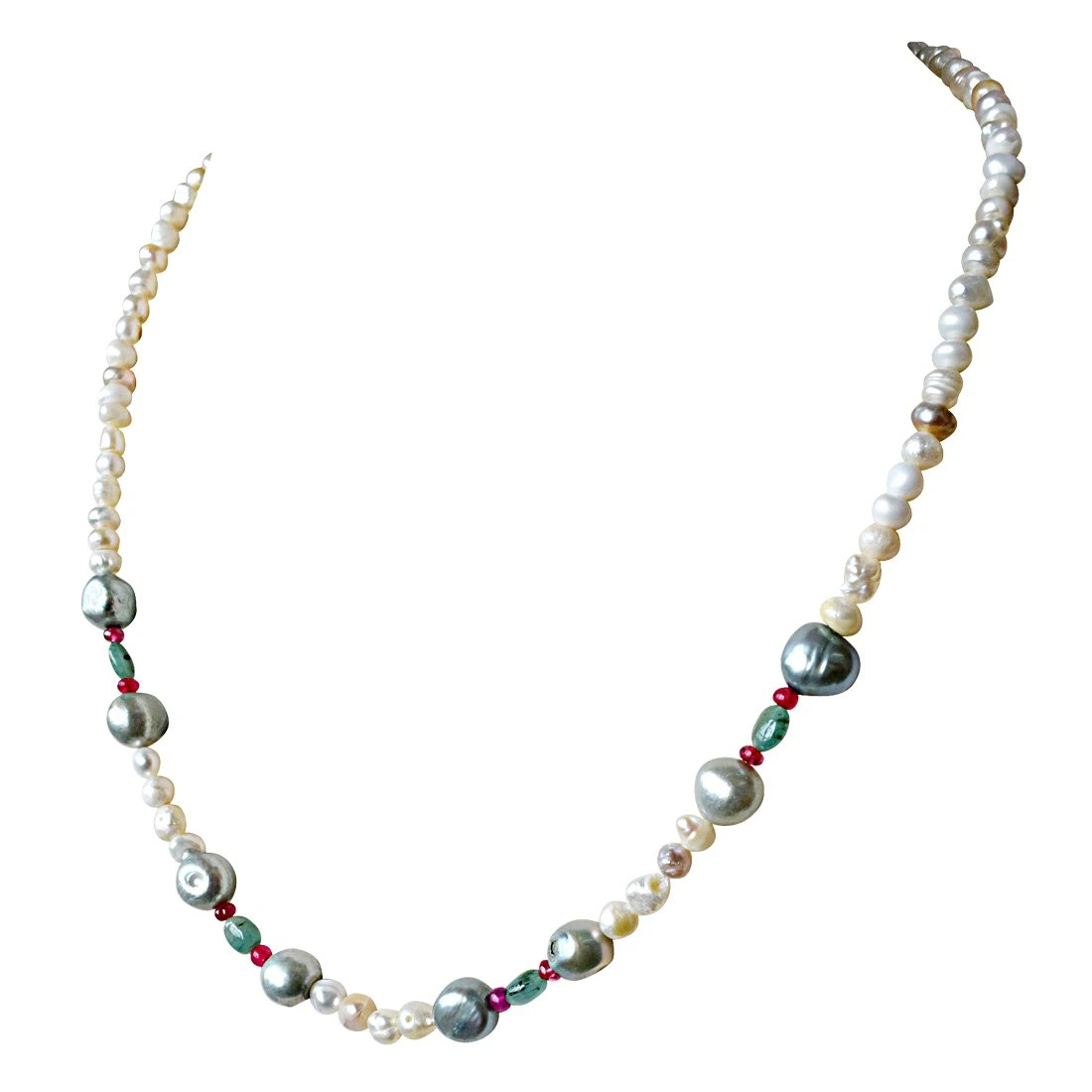 Single Line Real Emerald, Ruby Beads and White & Grey Pearl Necklace for Women (SN908)