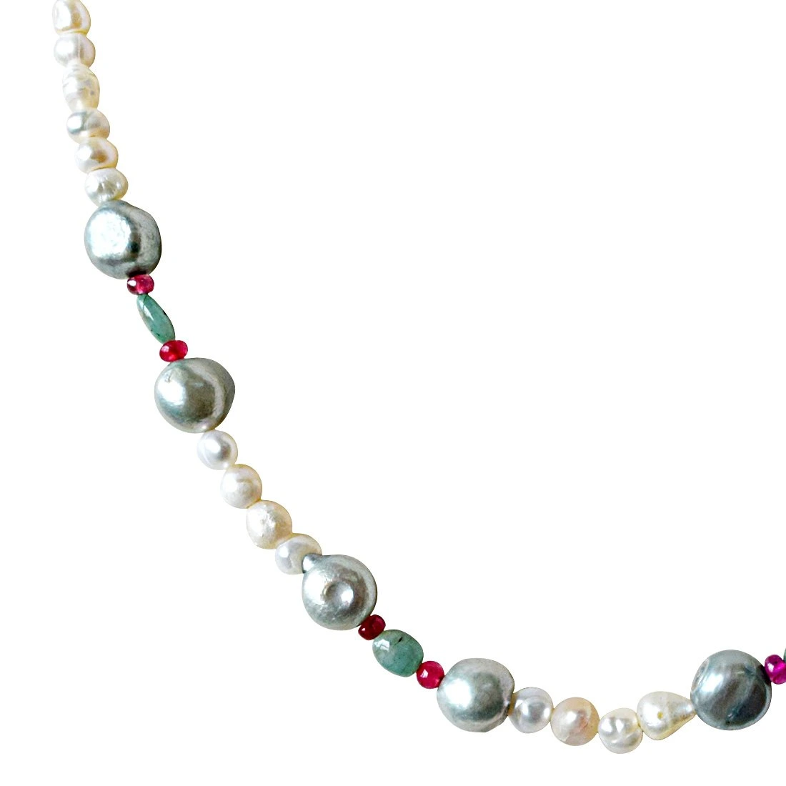 Single Line Real Emerald, Ruby Beads and White & Grey Pearl Necklace for Women (SN908)