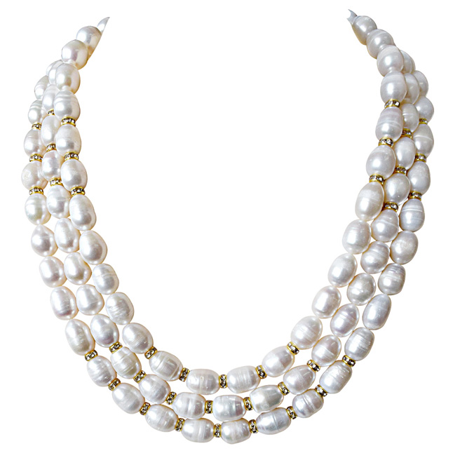 3 Line Heavy Looking Real Big Elongated Pearl and Stone Ring Necklace for Women (SN910)