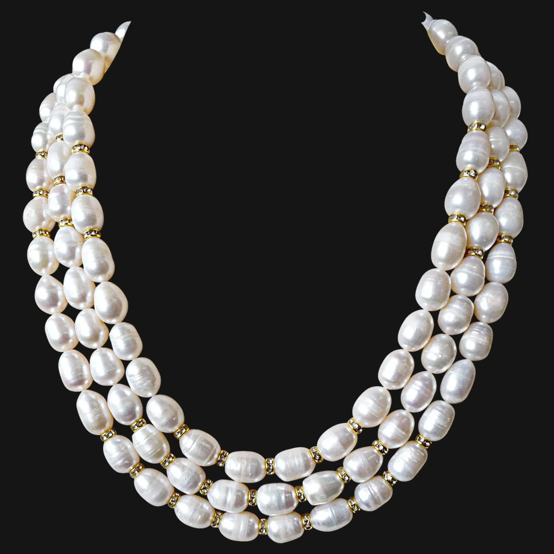 3 Line Heavy Looking Real Big Elongated Pearl and Stone Ring Necklace for Women (SN910)