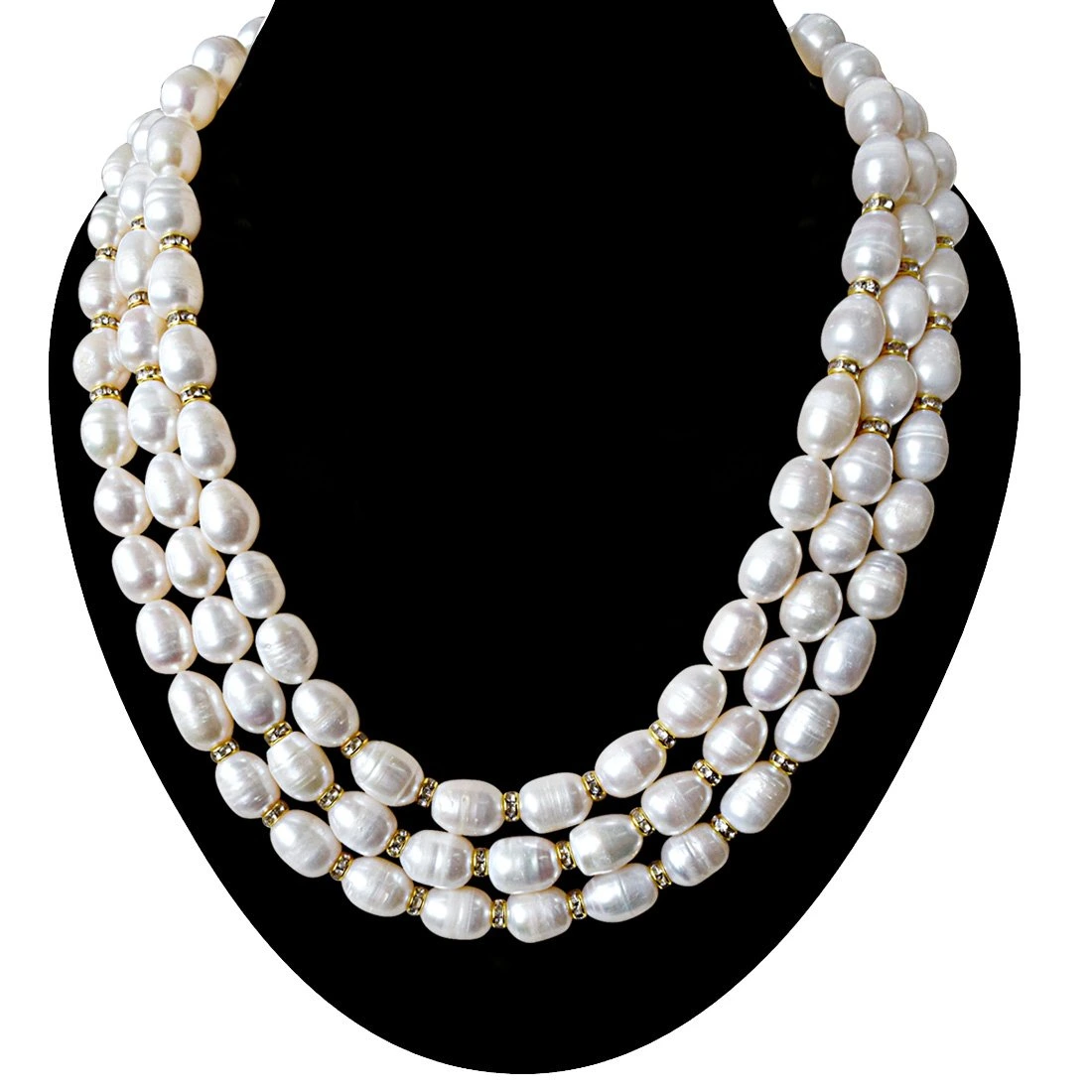 3 Line Heavy Looking Real Big Elongated Pearl and Stone Ring Necklace for Women (SN910)