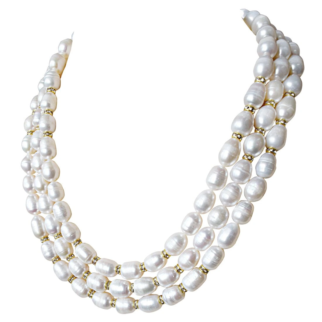 3 Line Heavy Looking Real Big Elongated Pearl and Stone Ring Necklace for Women (SN910)