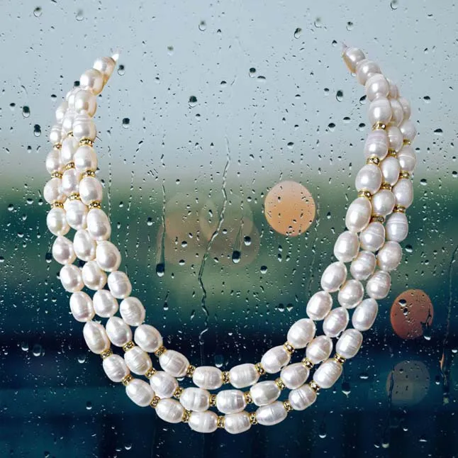 3 Line Heavy Looking Real Big Elongated Pearl and Stone Ring Necklace for Women (SN910)