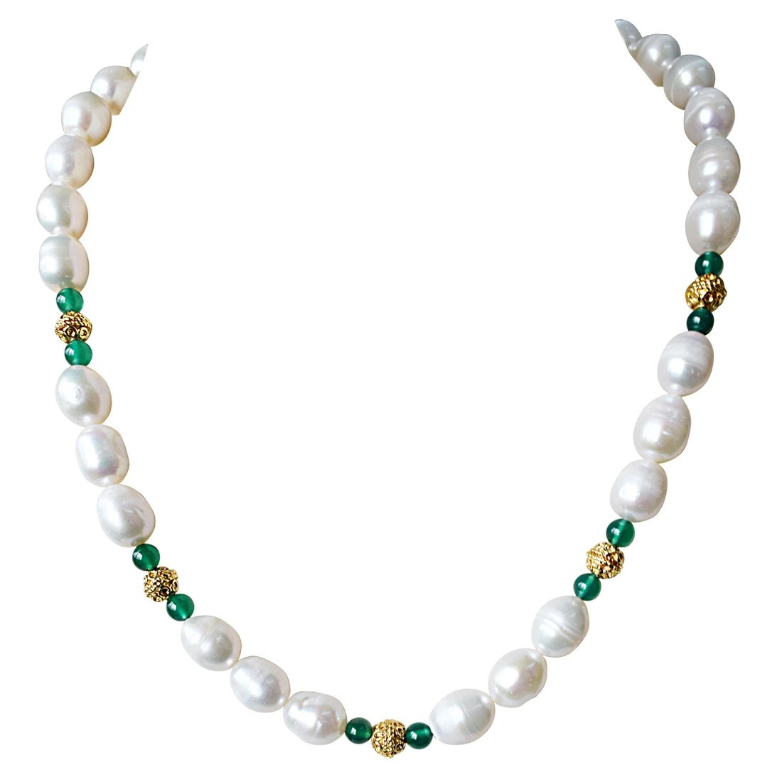 Single Line Green Onyx, Big Elongated Pearl and Gold Plated Ball Necklace for Women (SN911)