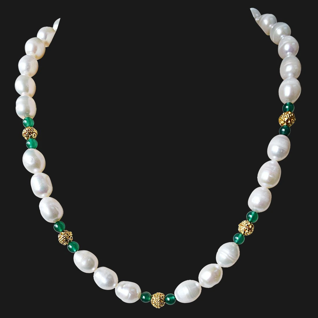 Single Line Green Onyx, Big Elongated Pearl and Gold Plated Ball Necklace for Women (SN911)