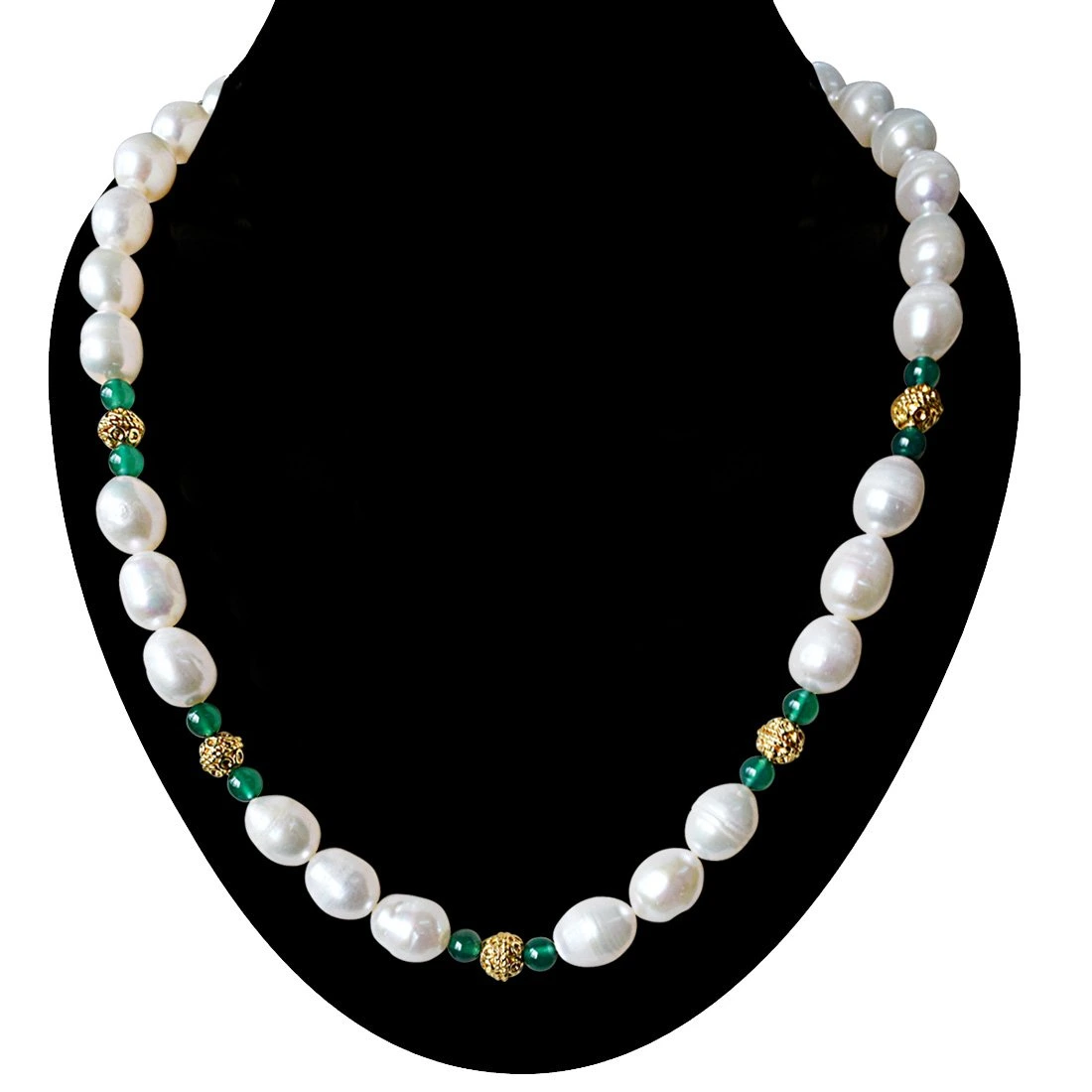 Single Line Green Onyx, Big Elongated Pearl and Gold Plated Ball Necklace for Women (SN911)