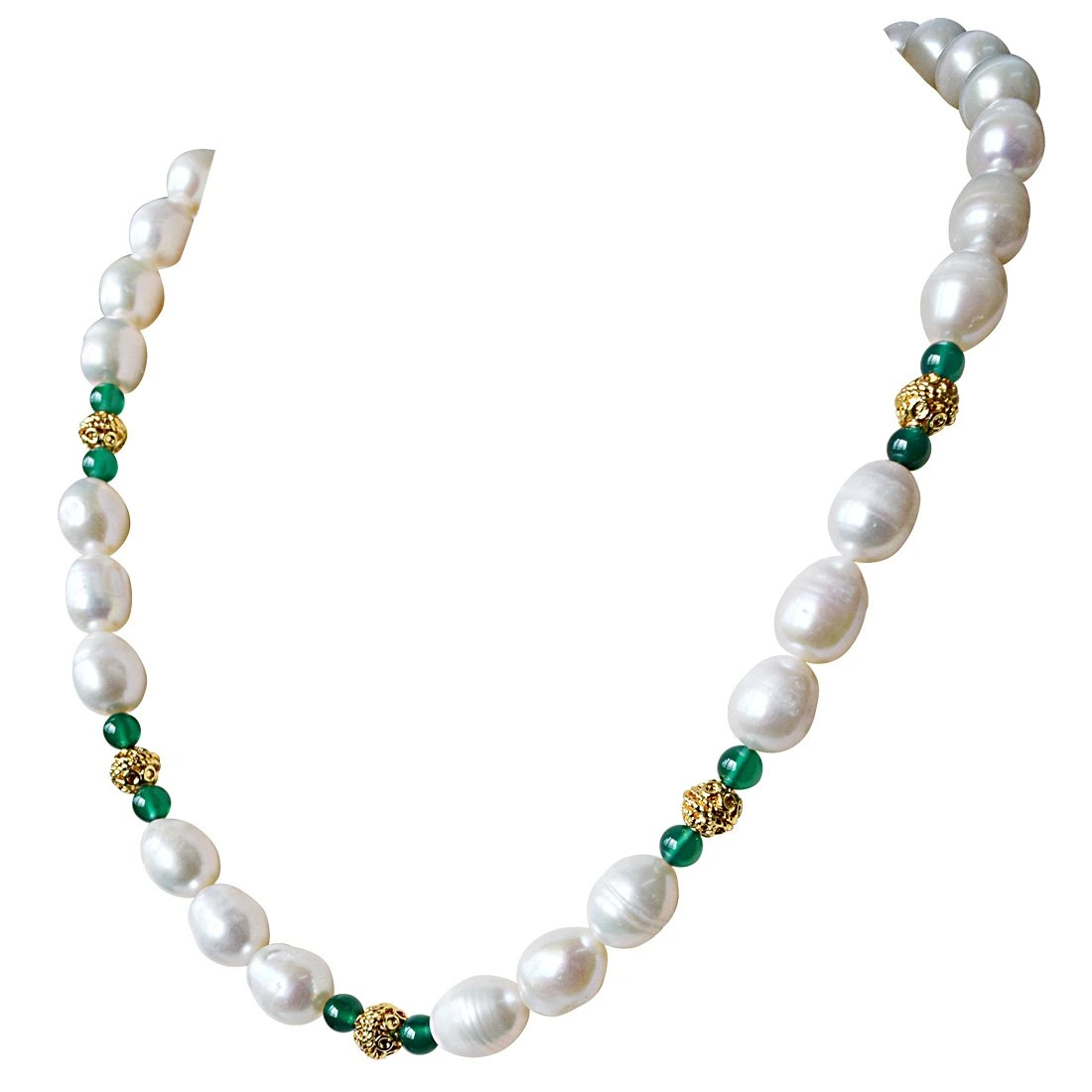 Single Line Green Onyx, Big Elongated Pearl and Gold Plated Ball Necklace for Women (SN911)