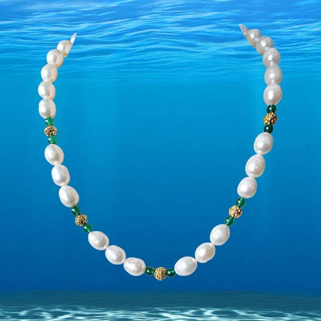 Single Line Green Onyx, Big Elongated Pearl and Gold Plated Ball Necklace for Women (SN911)