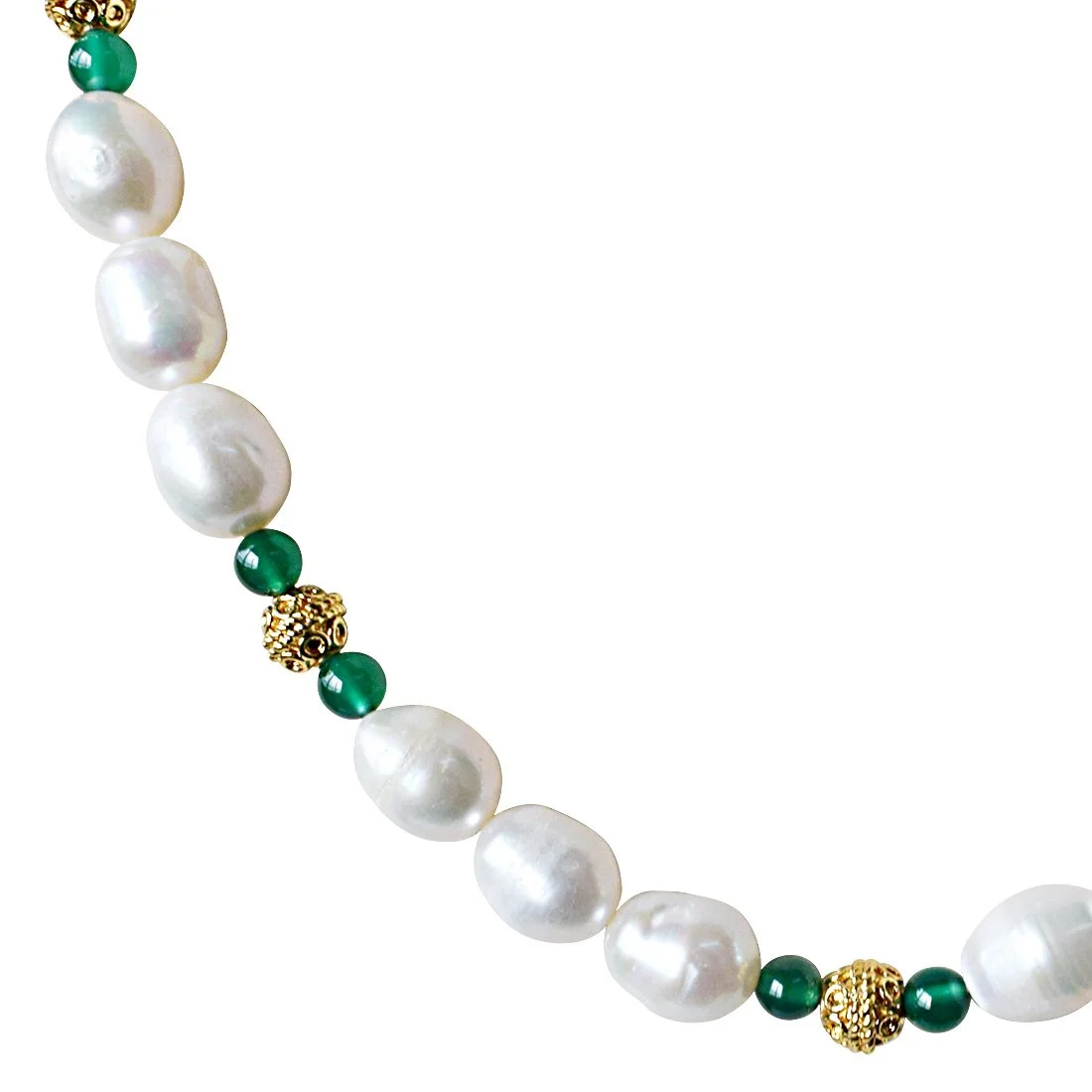 Single Line Green Onyx, Big Elongated Pearl and Gold Plated Ball Necklace for Women (SN911)