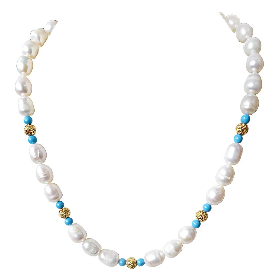 Single Line Turquoise, Big Elongated Pearl and Gold Plated Ball Necklace for Women (SN913)
