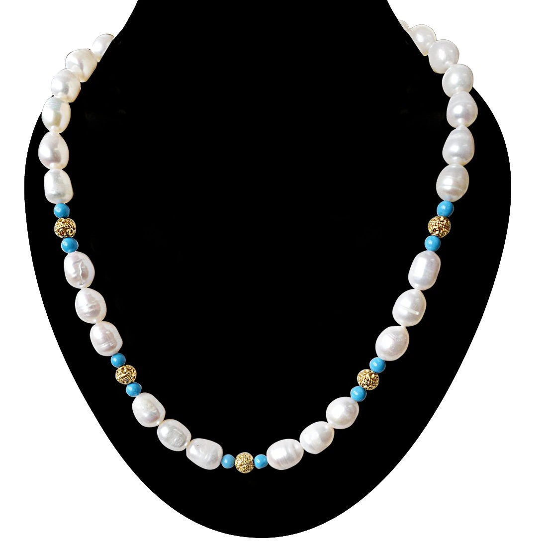 Single Line Turquoise, Big Elongated Pearl and Gold Plated Ball Necklace for Women (SN913)