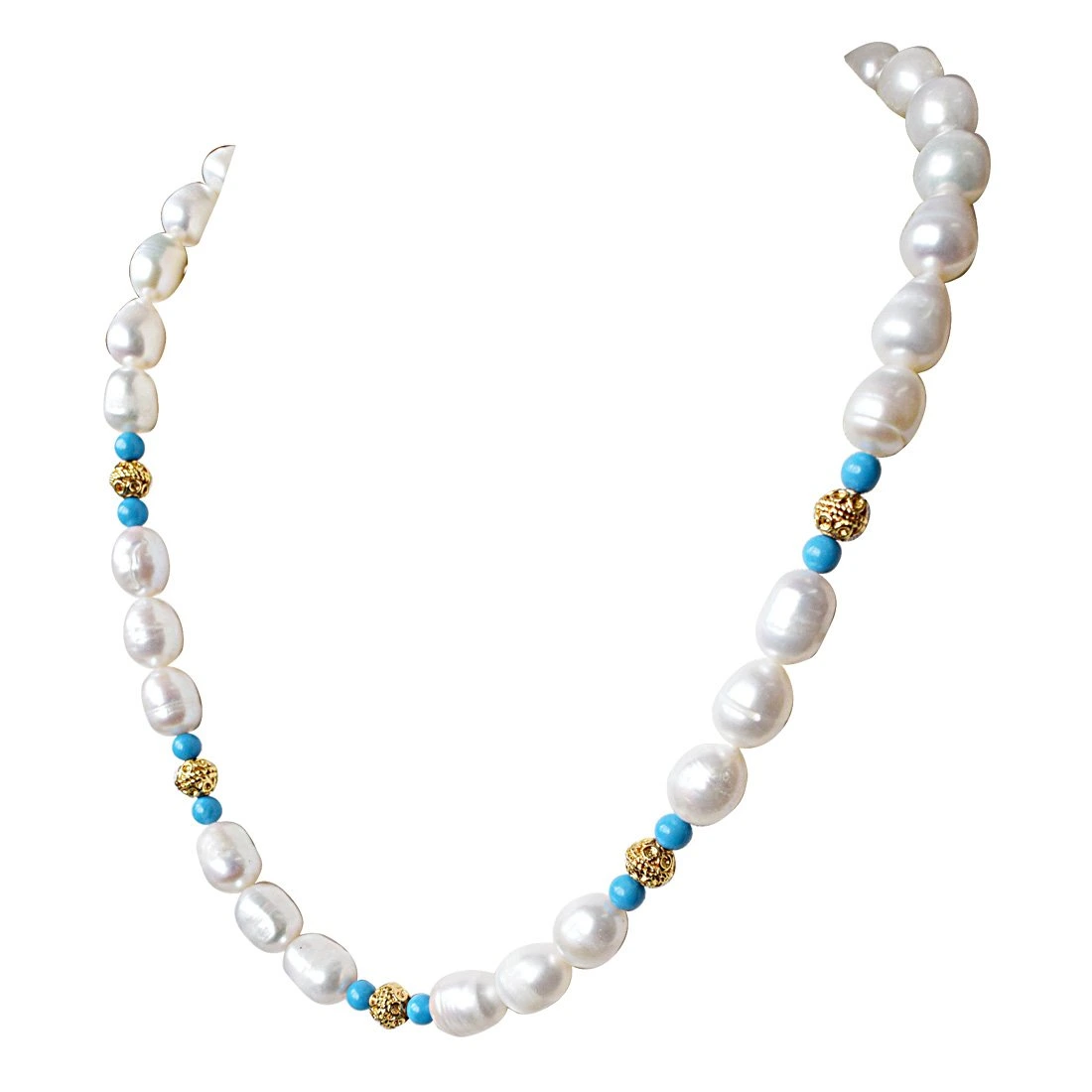 Single Line Turquoise, Big Elongated Pearl and Gold Plated Ball Necklace for Women (SN913)